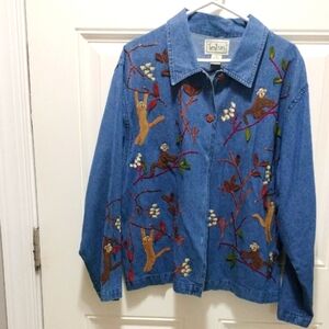 Tantrums Blue Denim Shirt with Embroidered Sloths and Flowers-Such A Unique Find